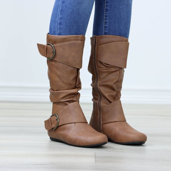 Flat Mid Calf Boots Synthetic Leather Buckles Round Toe Womens Casual Tan - Picture 13 of 16